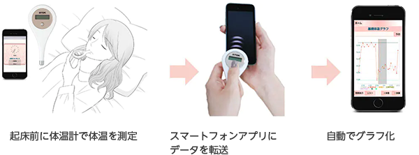 起床前に体温計で体温を測定→スマートフォンアプリにデータを転送→自動でグラフ化
